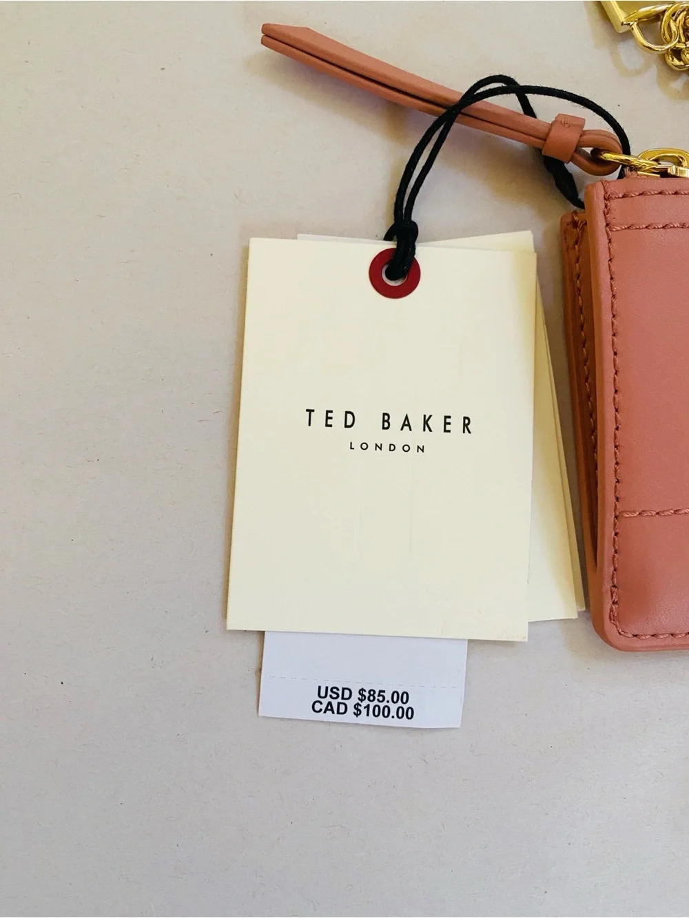 Ted Baker Leather Sutton Charm Wallet Coral Pink Card Holder with Gold Chain